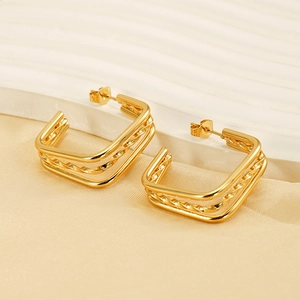 Modern triple-layer geometric square stud earrings in polished gold titanium steel