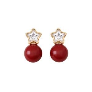 18K gold plated star earrings with red beads and white zircon crystals for women