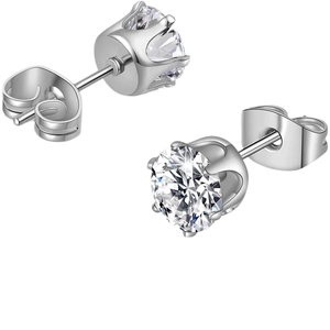 Classic silver stainless steel crown six-prong stud earrings with round cubic zirconia