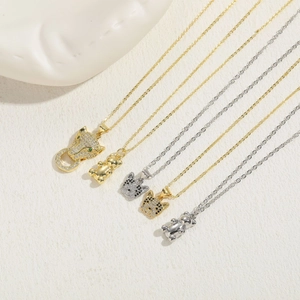 Luxury zircon leopard and teddy bear pendant necklace set with gold and silver finish