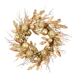 Golden Christmas wreath with champagne gold ornaments and glowing LED lights for front door decor