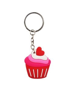 Detail of red and pink heart cupcake PVC keychain with silver metal ring and chain