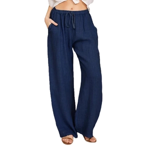 Men's hip-hop wide-leg joggers in dark blue textured cotton-linen with drawstring waist