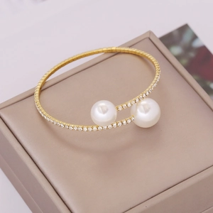 Elegant Adjustable Open Bangle Bracelet Alloy Rhinestone Inlaid Faux Artificial Pearl Fashion Jewelry Accessories For Women
