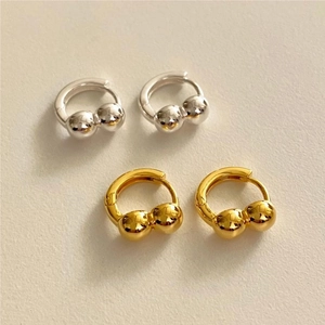 925 Sterling Silver Hoop Earrings Double Beads Minimalist Geometric High Polish Jewelry For Women