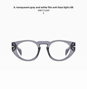 Detail view of transparent grey round frame anti-blue light glasses with C08 model marking