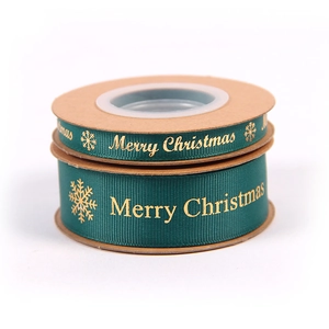 Deep green grosgrain ribbons with gold Merry Christmas print for gift wrapping