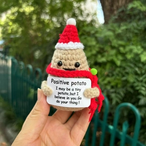 Handmade crochet positive potato doll with Christmas hat and encouraging card