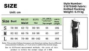 Detailed size chart for women's flocked mesh two-piece set including top and skirt dimensions