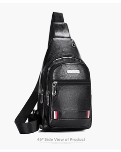 Detail of waterproof black PU leather chest bag with tricolor ribbon and metal logo