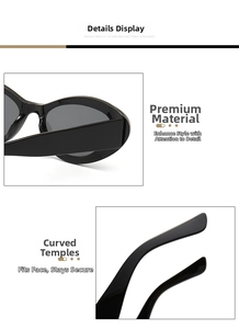 Detail of ergonomic curved temples and high-quality black frame on oval sunglasses