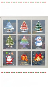 Detailed Christmas window decals showing Santa Claus and snowman festive holiday patterns