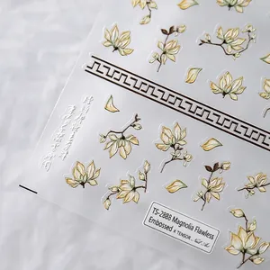 3D embossed magnolia flower nail art stickers with vintage patterns and texture details