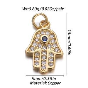 Detail of gold Hamsa hand pendant with blue zircon stone inlay and dimensions