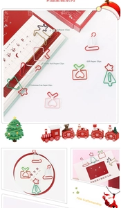 Detailed view of Christmas themed paper clips featuring reindeer and Xmas tree shapes