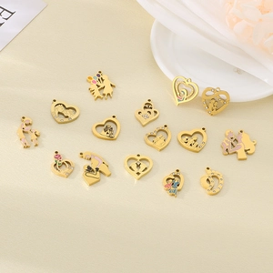 Set of 14 gold stainless steel heart pendants with MAMA theme and colorful enamel