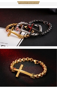 Detailed close-up of three-color cross bracelets with box chain and lobster clasp