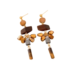 Retro ethnic style earrings with wooden elements and tiger eye stone pendants
