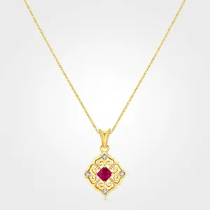 Vintage 925 Sterling Silver Necklace Hollow Square Pendant Red Zircon Gold Plated Elegant French Style Jewelry For Women