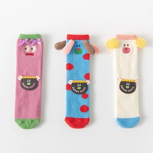 Three pairs of colorful cartoon coral fleece thermal socks for kids and women