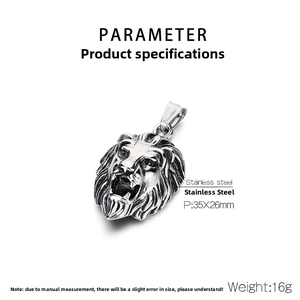 Détail du pendentif tête de lion rugissant en acier inoxydable, taille 35x26mm, poids 16g