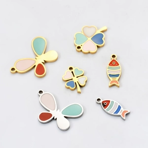 Stainless Steel Enamel Butterfly Fish Four-leaf Clover Charms DIY Jewelry Making Drip Oil Metal Pendants Handmade Material