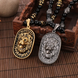 Retro lion head pendant necklaces in gold and silver steel with black beaded chain