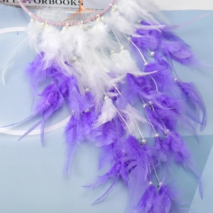 Detail of life tree dream catcher with white and purple feathers and pearl beads