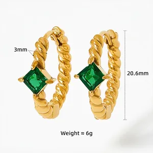 Vintage gold twist stainless steel hoop earrings with emerald square stone, 20.6mm diameter