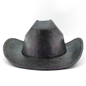 Detail shot of the shimmering dark grey cowboy hat showing textured glitter finish