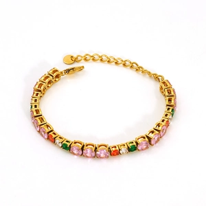 Gold tennis bracelet with multi-colored round zircons and adjustable lobster clasp