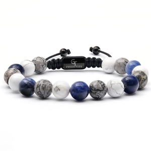Detail of 10mm tiger eye beaded bracelet with adjustable cord and engraved tag