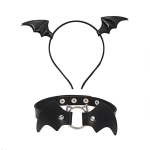 Gothic black PU leather bat wing headband and choker set for Halloween party costumes