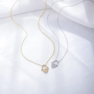S925 sterling silver Hamsa hand pendant necklace with cubic zirconia in gold and silver