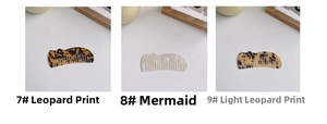 Detailed comparison of three acetate hair combs in Leopard, Mermaid, and Light Leopard patterns