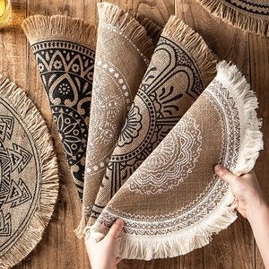 Round Jute Placemats And Coasters Handmade Woven Mandala Pattern With Tassels Pom Poms Waterproof Heat Resistant Boho Style Dining Decor