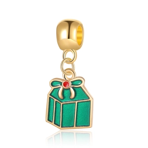 Green enamel Christmas gift box pendant charm in gold-plated metal for bracelets