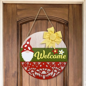 Round wooden welcome sign with gnome and mushroom patterns for spring door decor