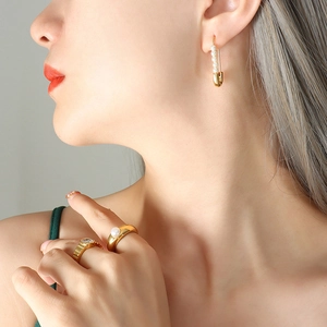 Minimalist 18K gold plated safety pin earrings with pearls and matching zircon rings