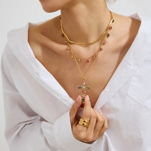 Three-layer 18K gold-plated necklace set with a colorful zirconia cross pendant for women