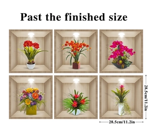 Detailed view of six 3D floral wall decals with wood frames and botanical prints