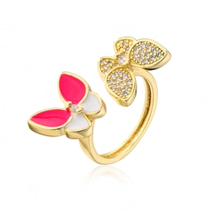 Detailed close-up of double butterfly 18K gold ring with pink enamel and zircons