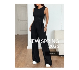 Detail of high-waist sleeveless wide-leg black jumpsuit for spring 2025 casual wear