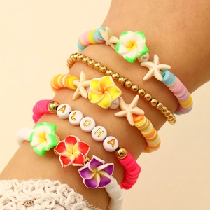Juego de Pulseras de Arcilla Polimérica Bohemia para Mujer Multicolor Cuentas Heishi Aloha Estrella de Mar Flor Joyería de Playa Elástica
