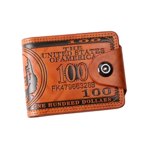 Retro brown folding men's wallet with US dollar pattern and secure snap button closure