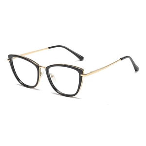 Fashionable cat-eye glasses for women with black and gold frames in a 45-degree side view