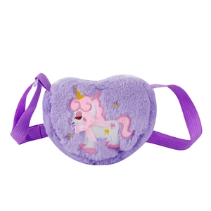 Detail of purple heart plush bag featuring unicorn embroidery and pink ribbon bow