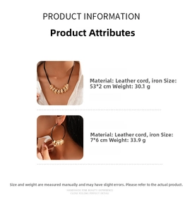 Detail view of leather cord necklace with golden twisted metal links and hoop earrings