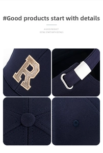 Detailed views of navy baseball cap featuring 3D R-letter embroidery and metal buckle