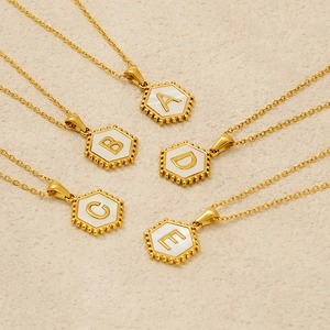 Hexagon Initial Letter Pendant Necklace Gold Plated Stainless Steel White Shell Inlay Fashion Jewelry For Women